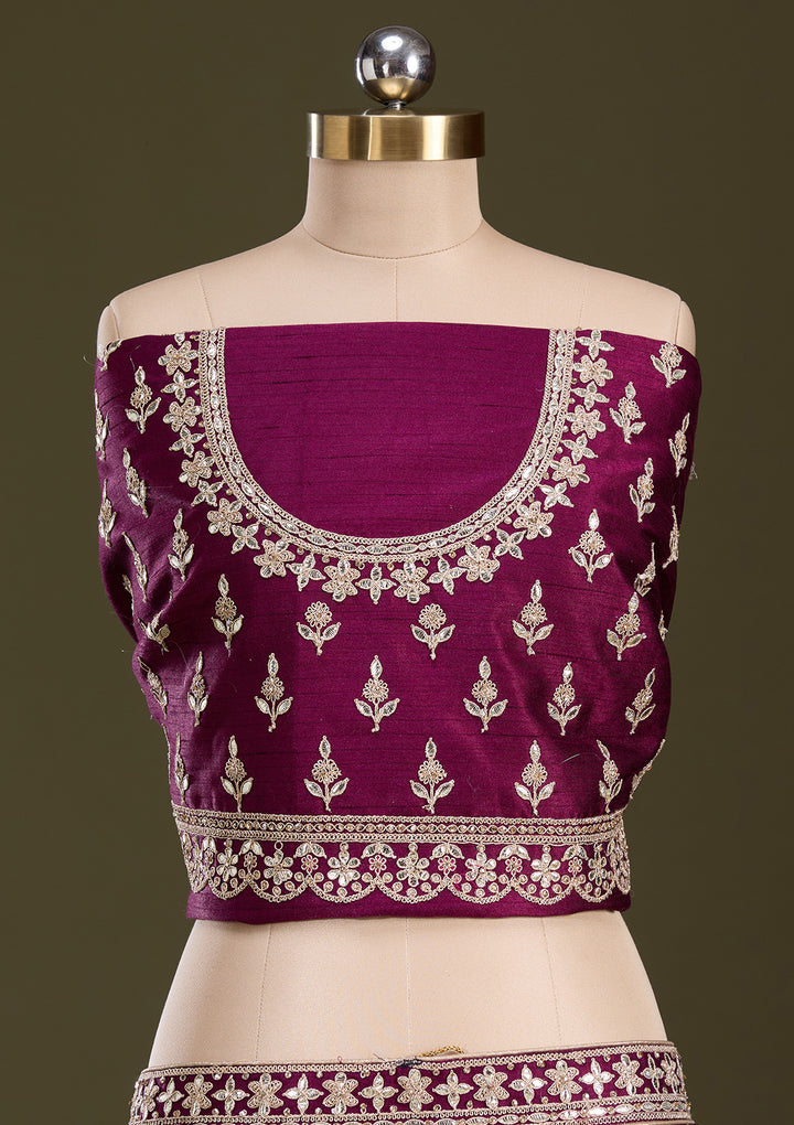 Wine Cording Raw Silk Semi-Stitched Lehenga