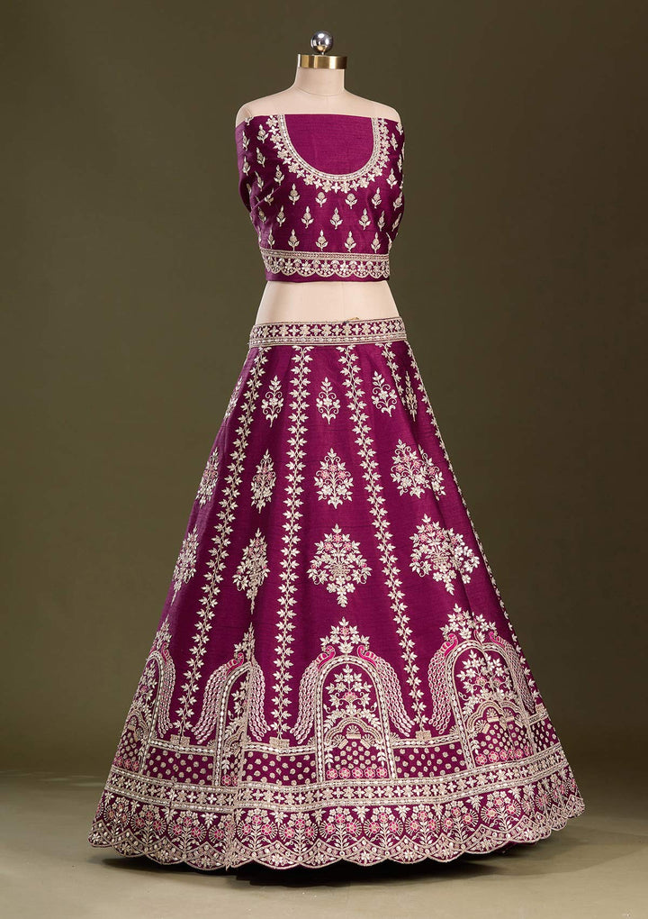 Wine Cording Raw Silk Semi-Stitched Lehenga