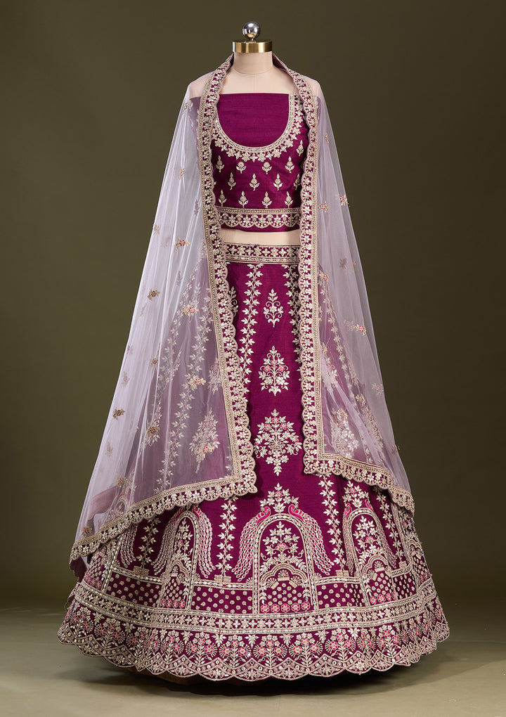 Wine Cording Raw Silk Semi-Stitched Lehenga