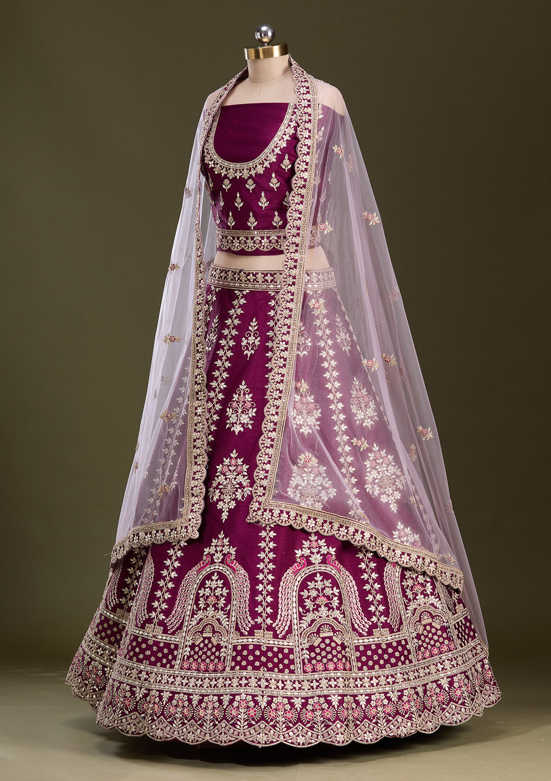 Wine Cording Raw Silk Semi-Stitched Lehenga