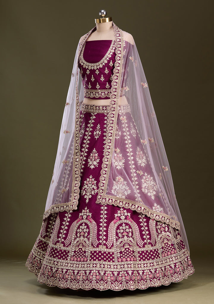 Wine Cording Raw Silk Semi-Stitched Lehenga