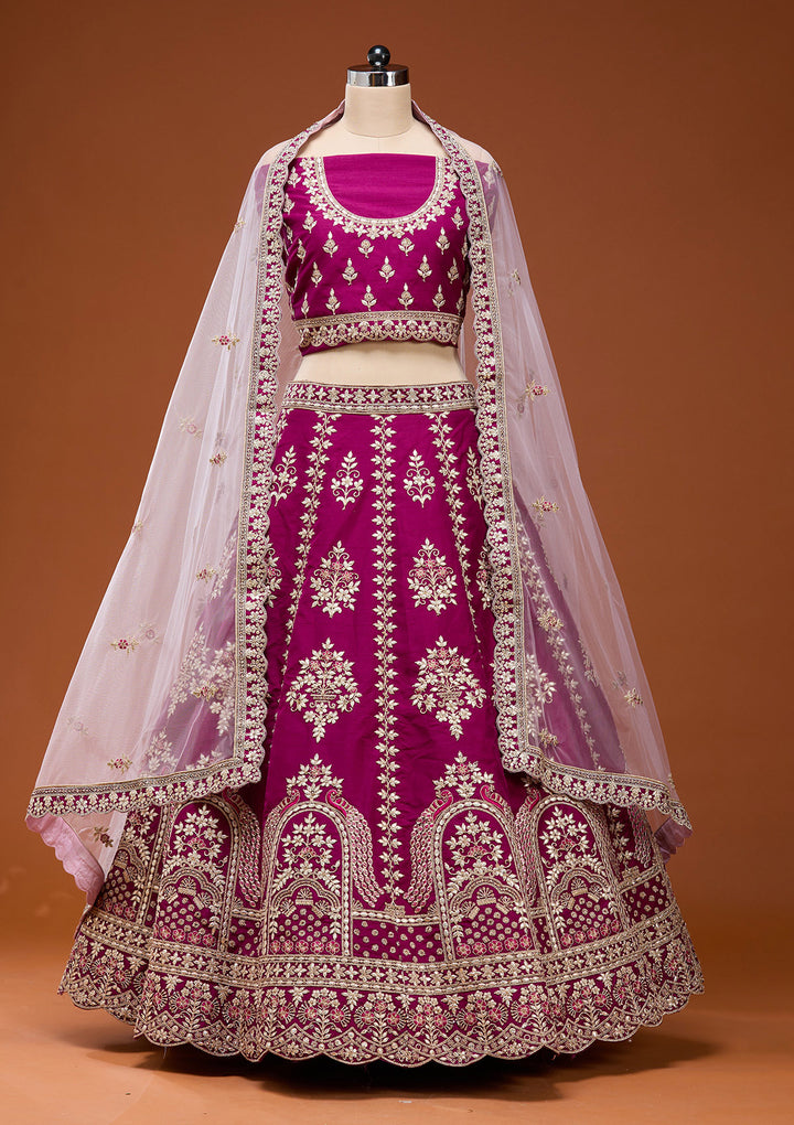 Wine Cording Raw Silk Semi-Stitched Lehenga