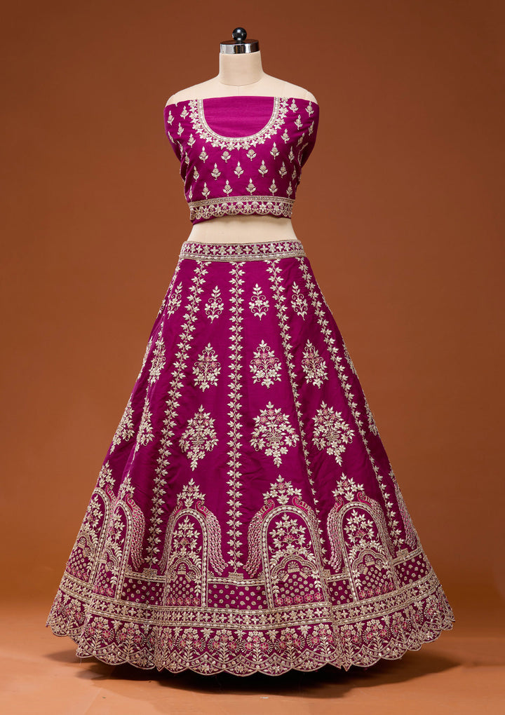 Wine Cording Raw Silk Semi-Stitched Lehenga