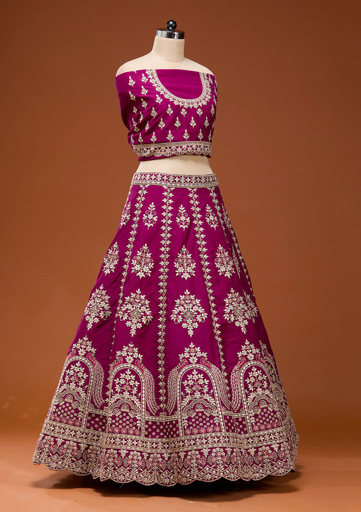 Wine Cording Raw Silk Semi-Stitched Lehenga
