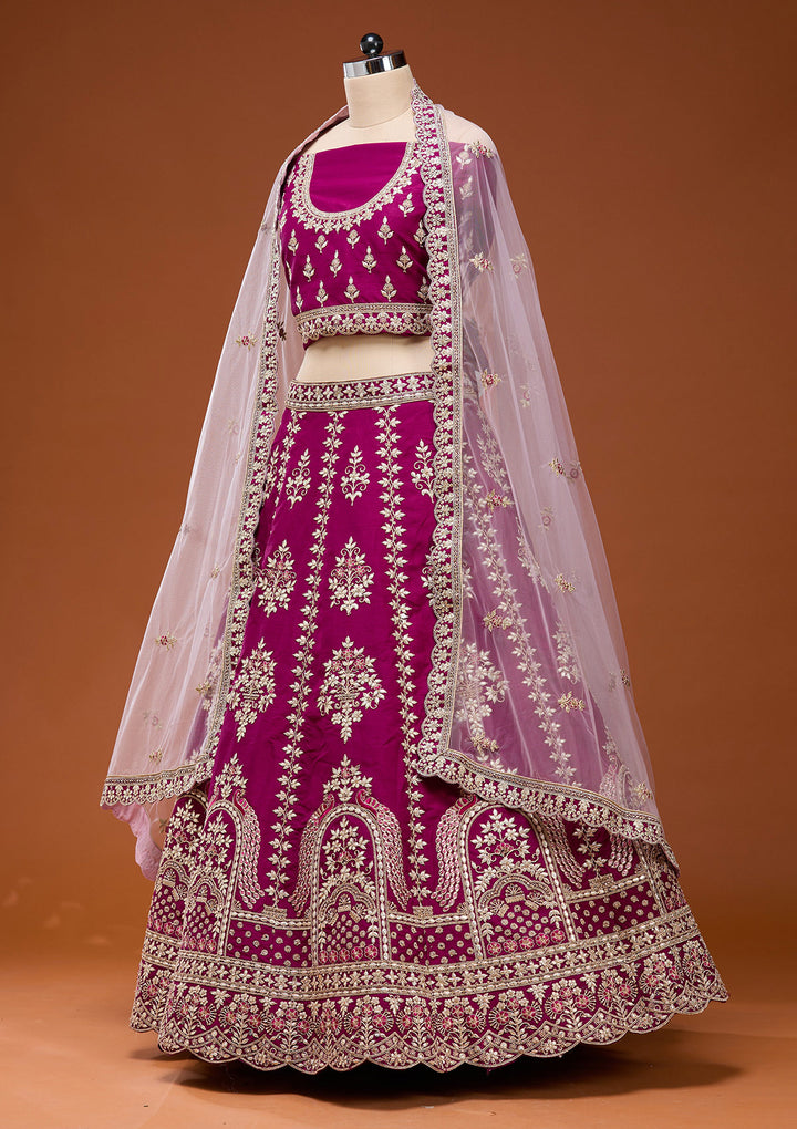 Wine Cording Raw Silk Semi-Stitched Lehenga