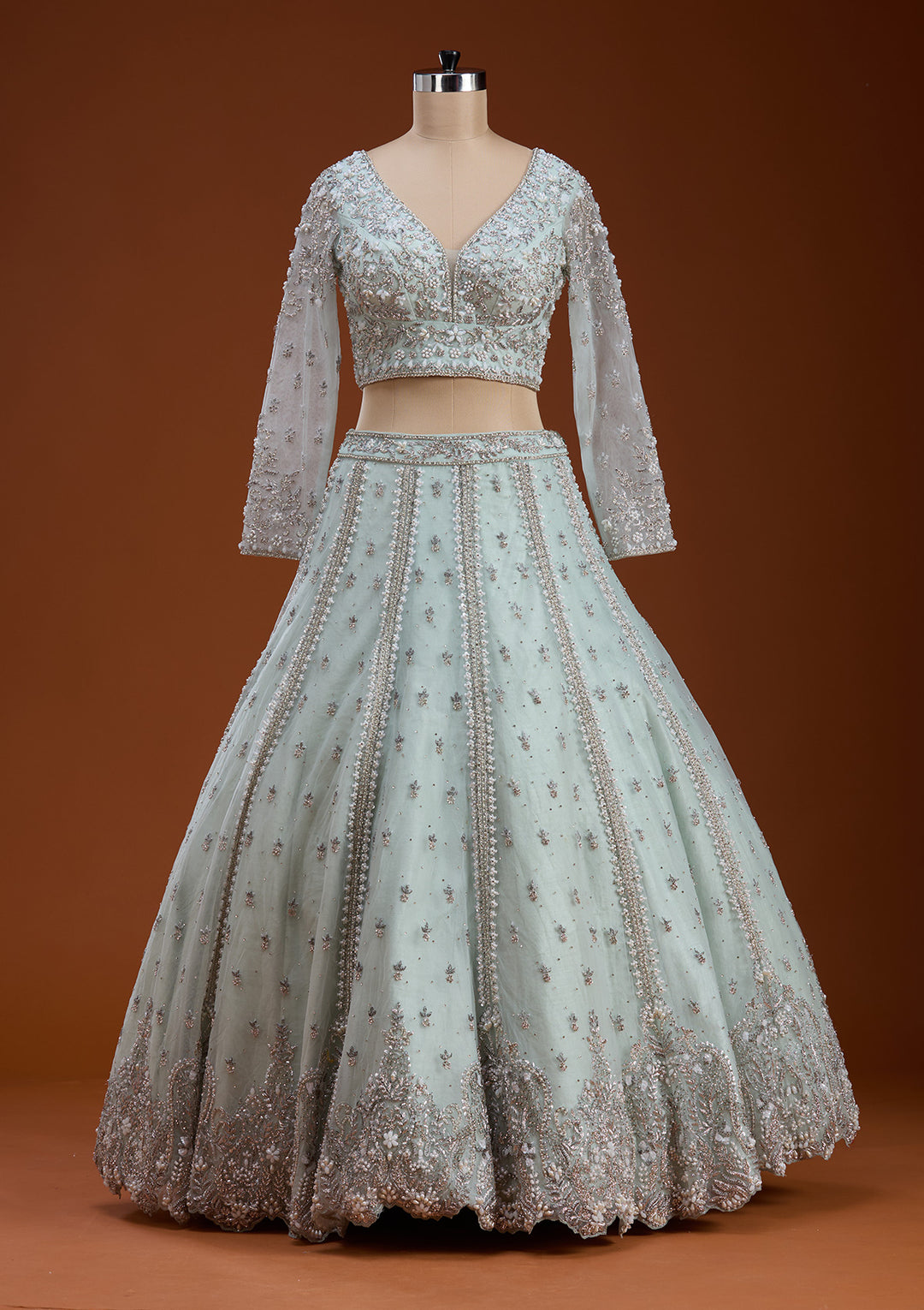 Sky Blue Zariwork Net Readymade Lehenga