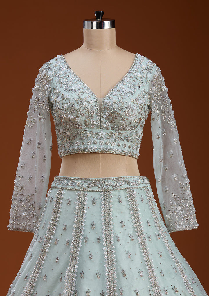 Sky Blue Zariwork Net Readymade Lehenga