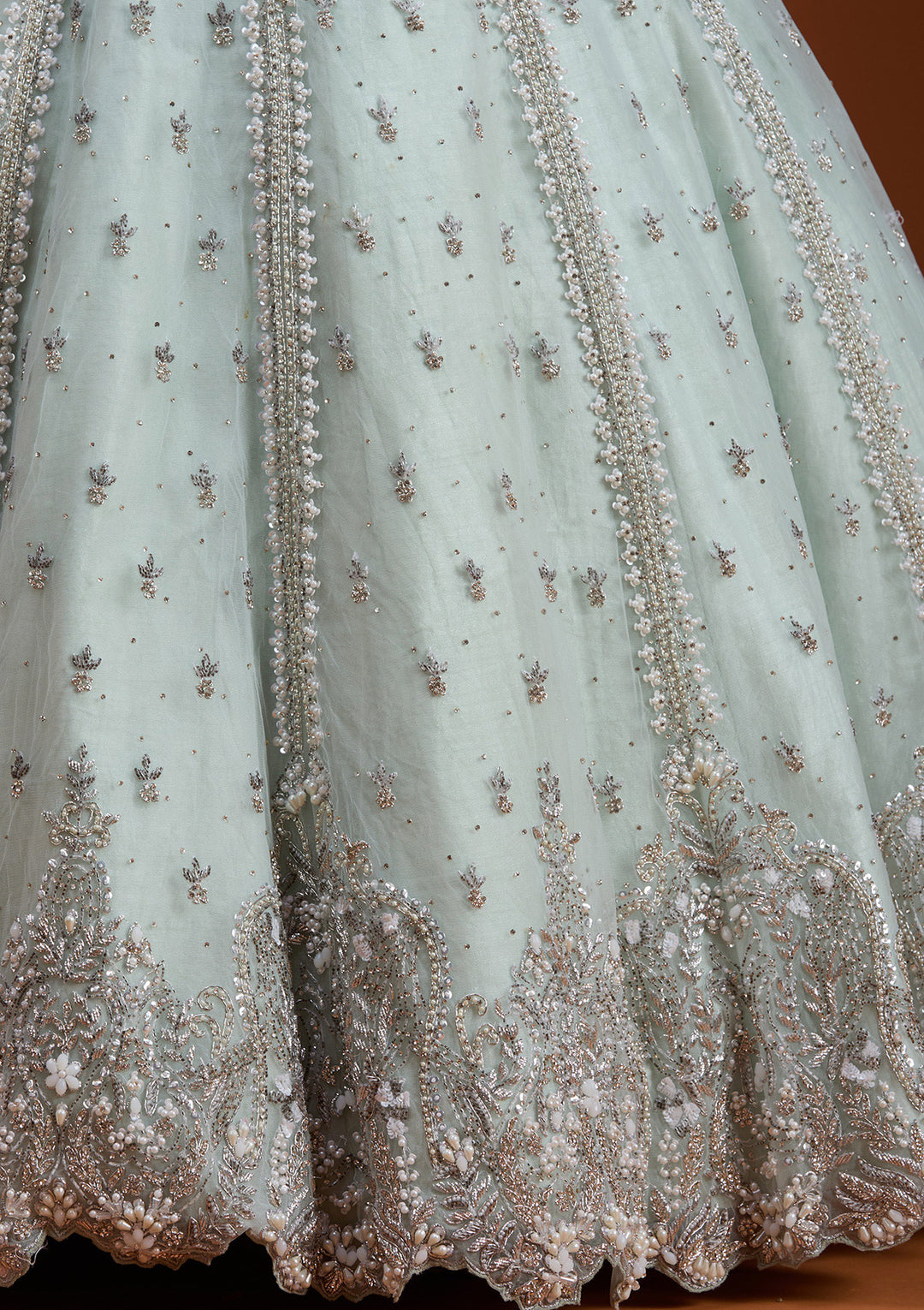 Sky Blue Zariwork Net Readymade Lehenga