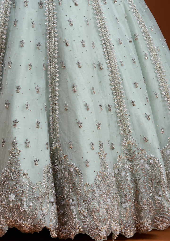 Sky Blue Zariwork Net Readymade Lehenga