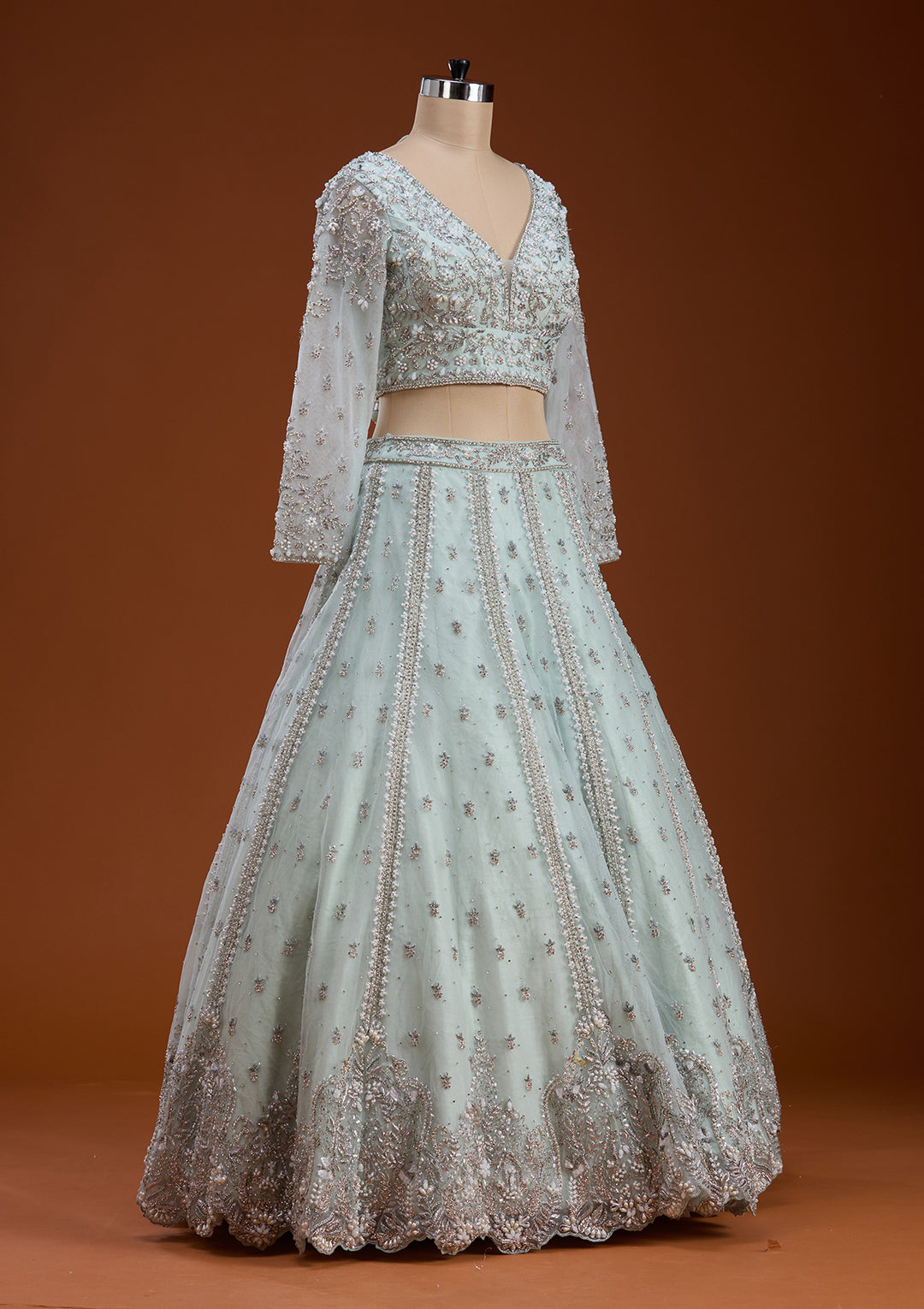 Sky Blue Zariwork Net Readymade Lehenga