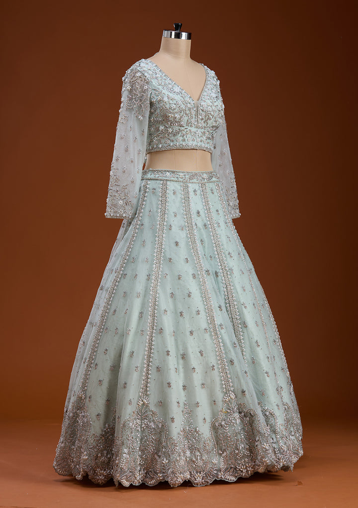 Sky Blue Zariwork Net Readymade Lehenga