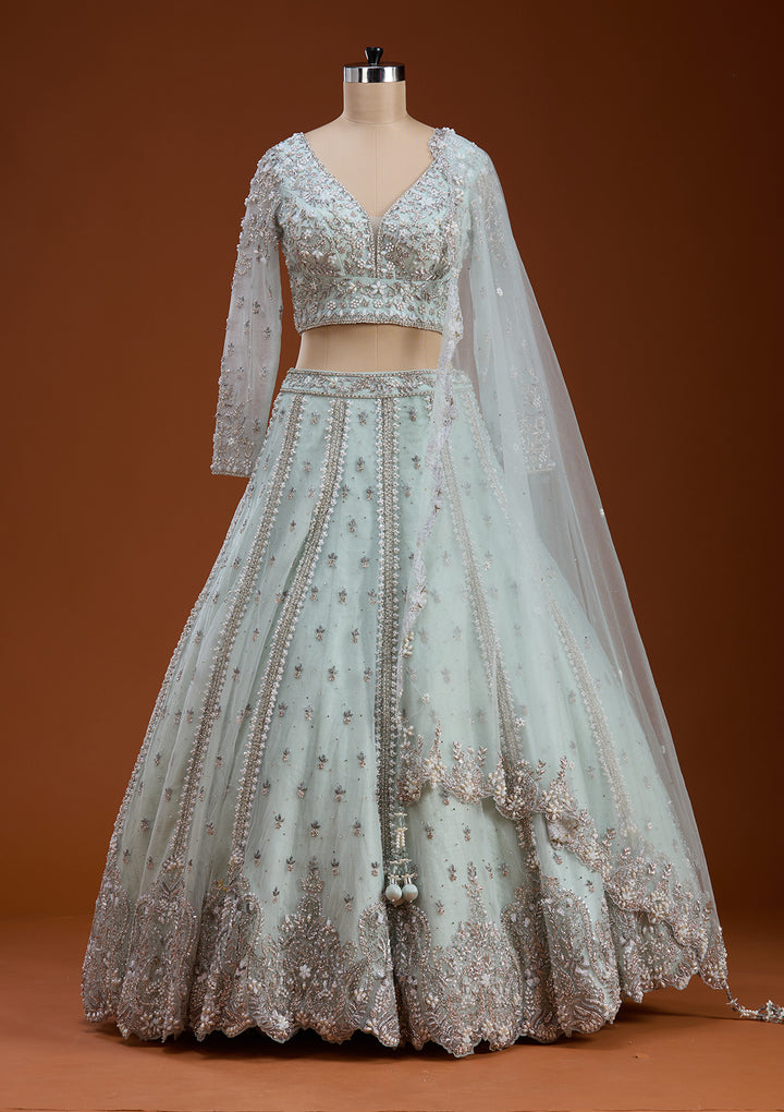 Sky Blue Zariwork Net Readymade Lehenga