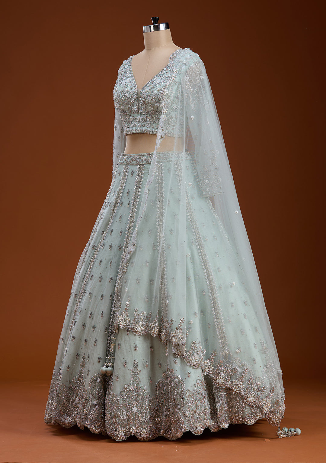 Sky Blue Zariwork Net Readymade Lehenga