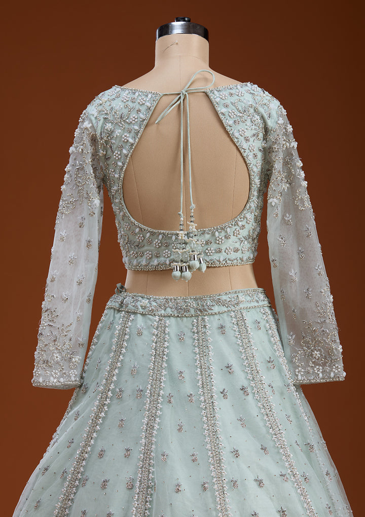 Sky Blue Zariwork Net Readymade Lehenga