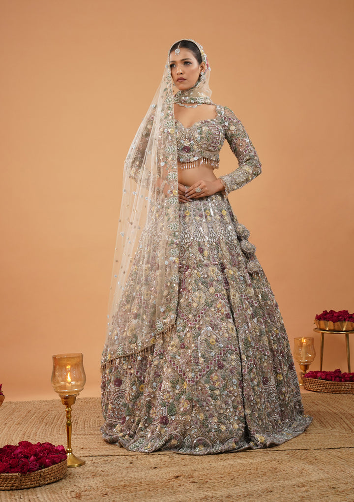 Cream Stonework Net Readymade Lehenga