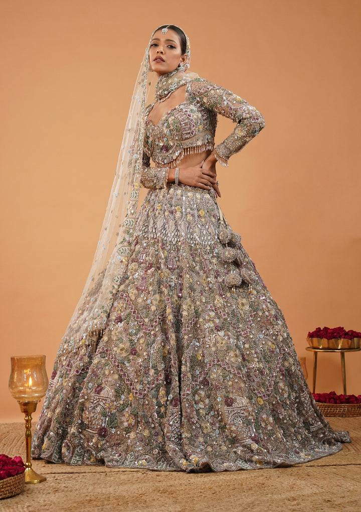 Cream Stonework Net Readymade Lehenga