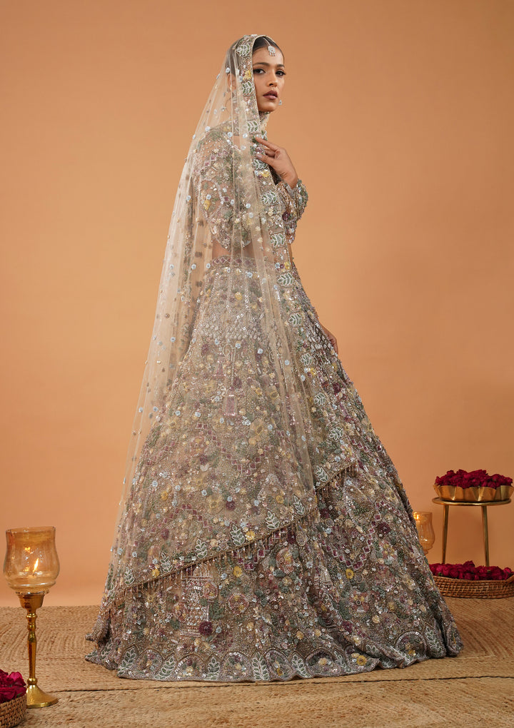 Cream Stonework Net Readymade Lehenga