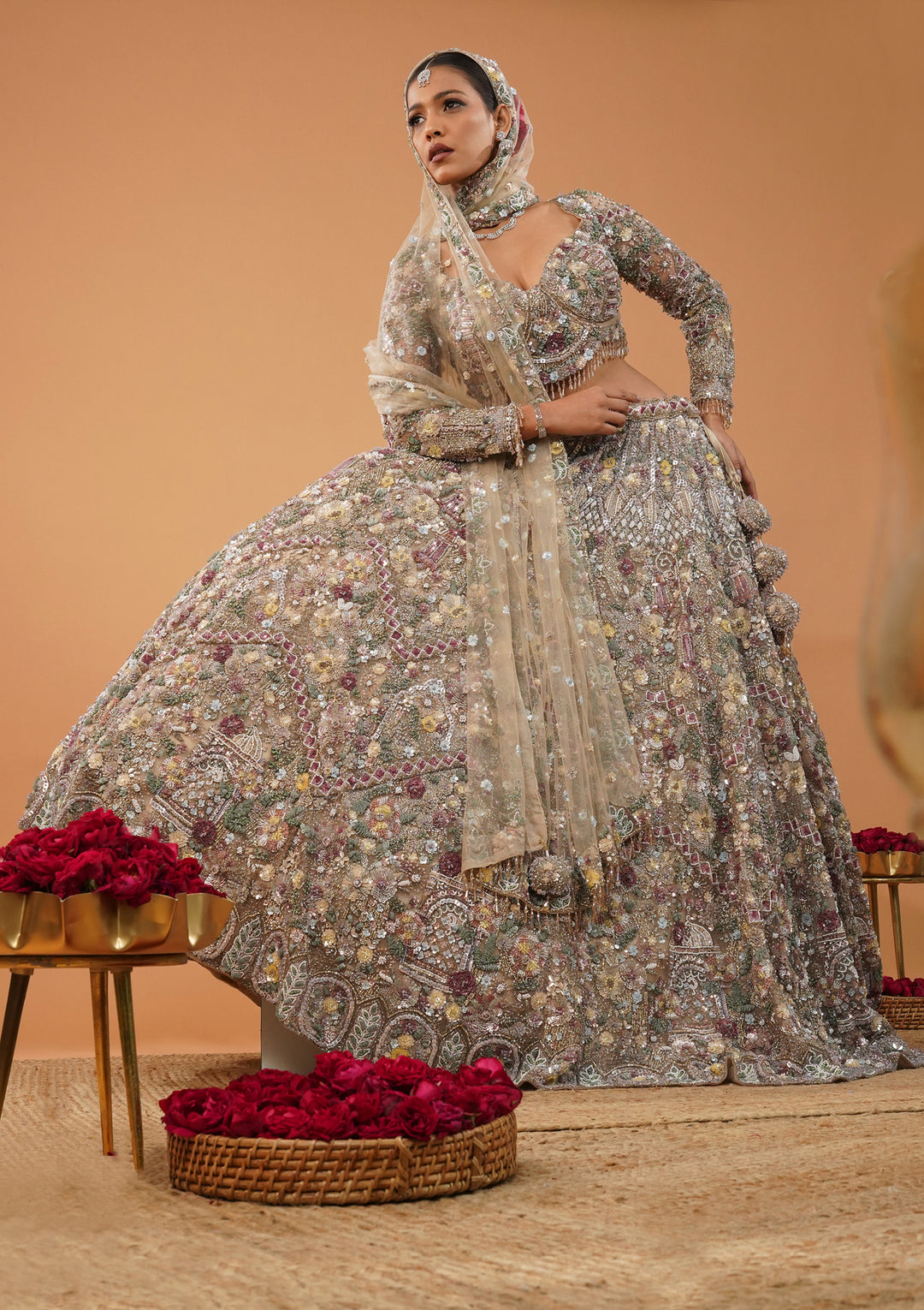 Cream Stonework Net Readymade Lehenga
