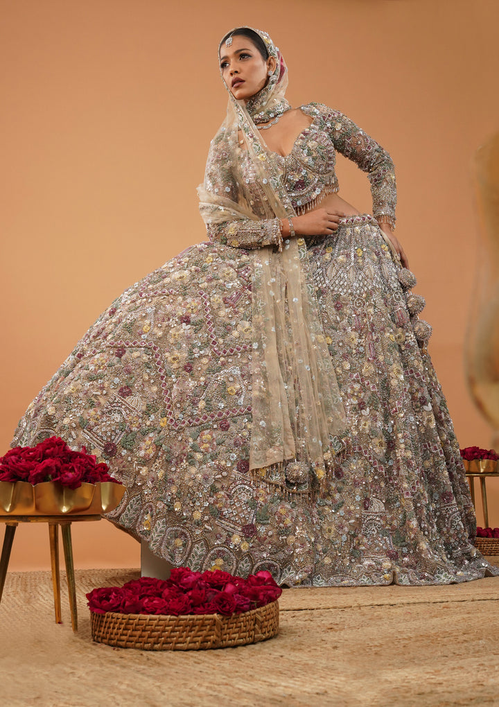 Cream Stonework Net Readymade Lehenga