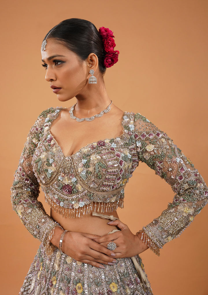Cream Stonework Net Readymade Lehenga
