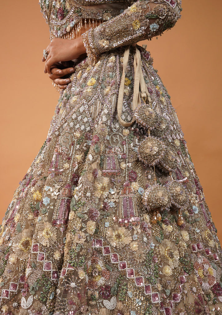 Cream Stonework Net Readymade Lehenga