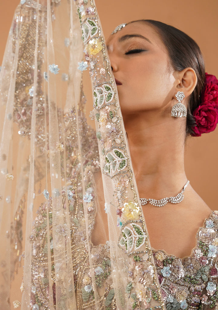 Cream Stonework Net Readymade Lehenga