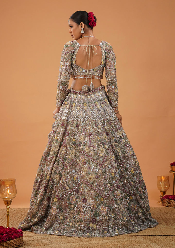 Cream Stonework Net Readymade Lehenga