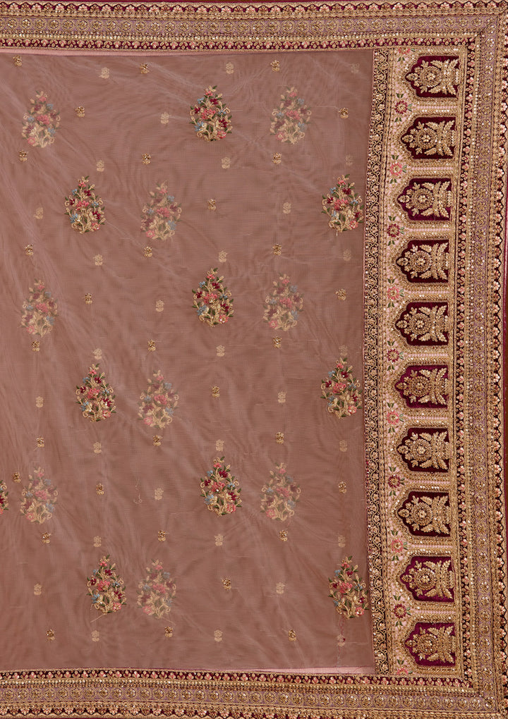 Pink Zariwork Net Semi-Stitched Lehenga