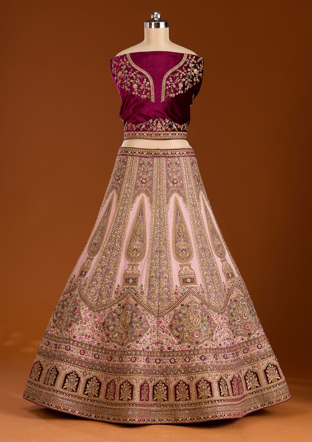 Pink Zariwork Net Semi-Stitched Lehenga