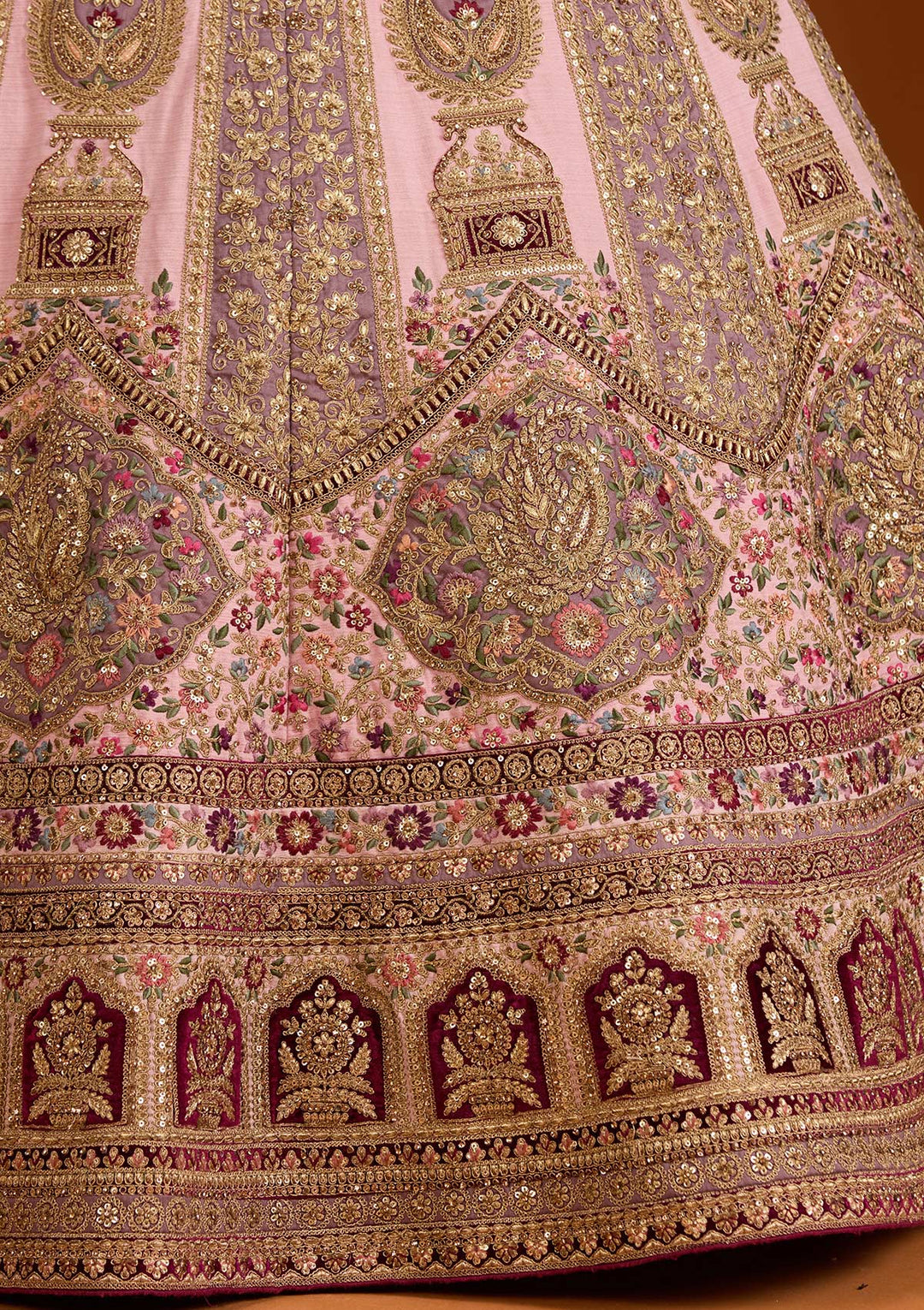Pink Zariwork Net Semi-Stitched Lehenga