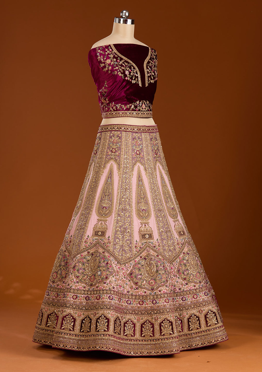 Pink Zariwork Net Semi-Stitched Lehenga