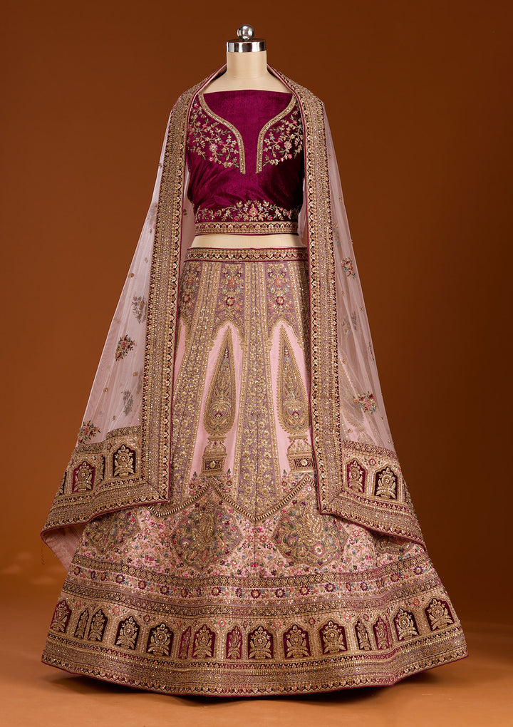 Pink Zariwork Net Semi-Stitched Lehenga