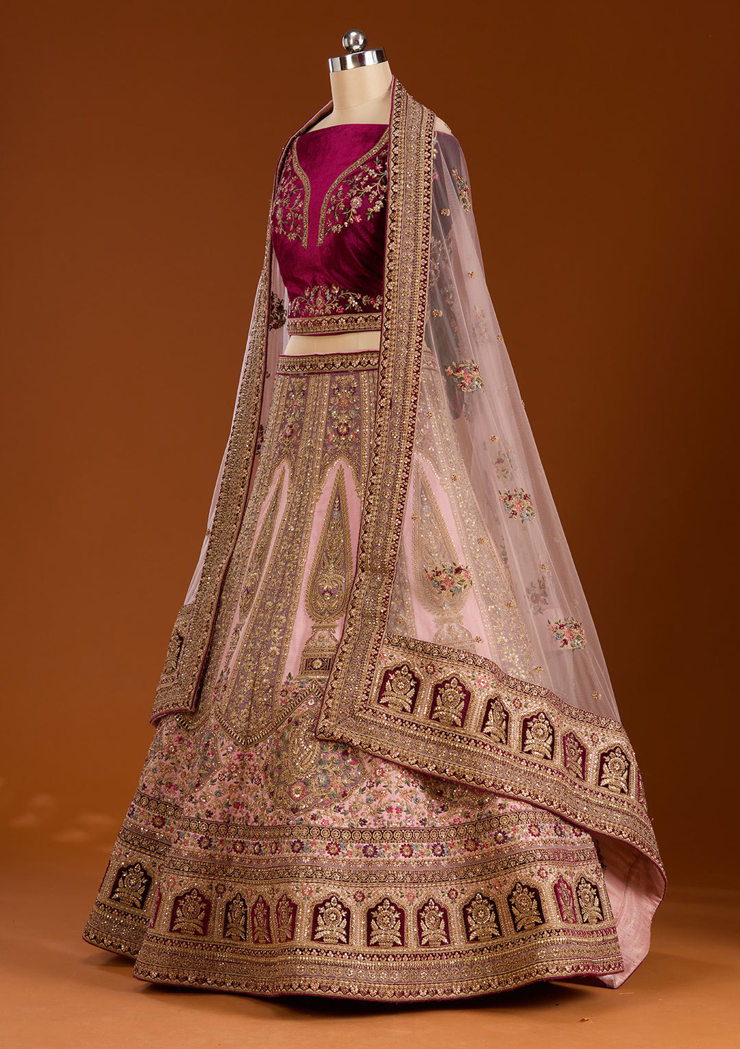 Pink Zariwork Net Semi-Stitched Lehenga