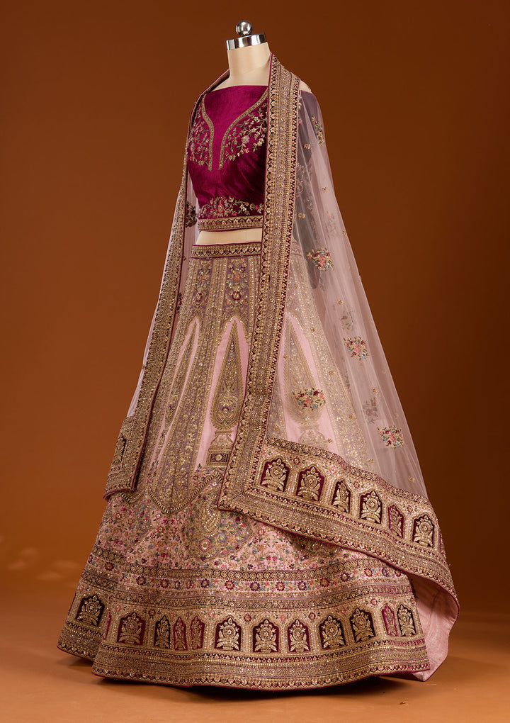 Pink Zariwork Net Semi-Stitched Lehenga