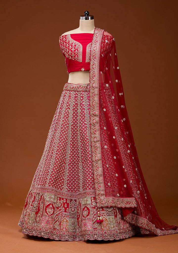 Red Zariwork Raw Silk Semi-Stitched Lehenga