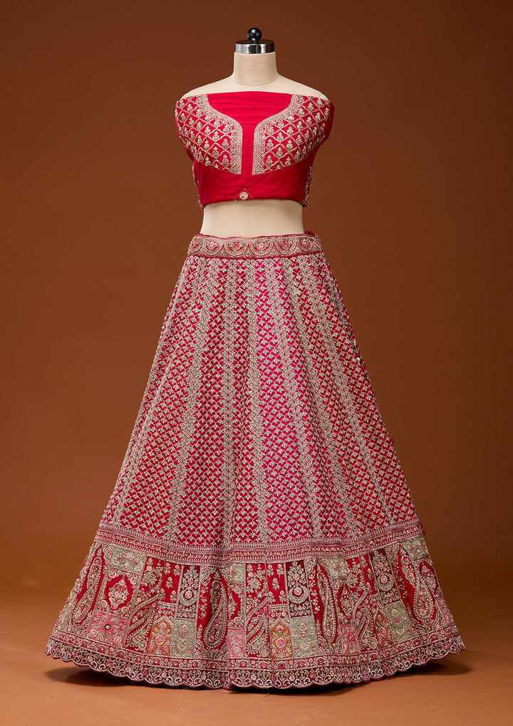 Red Zariwork Raw Silk Semi-Stitched Lehenga