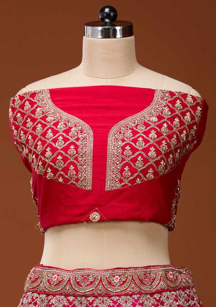 Red Zariwork Raw Silk Semi-Stitched Lehenga