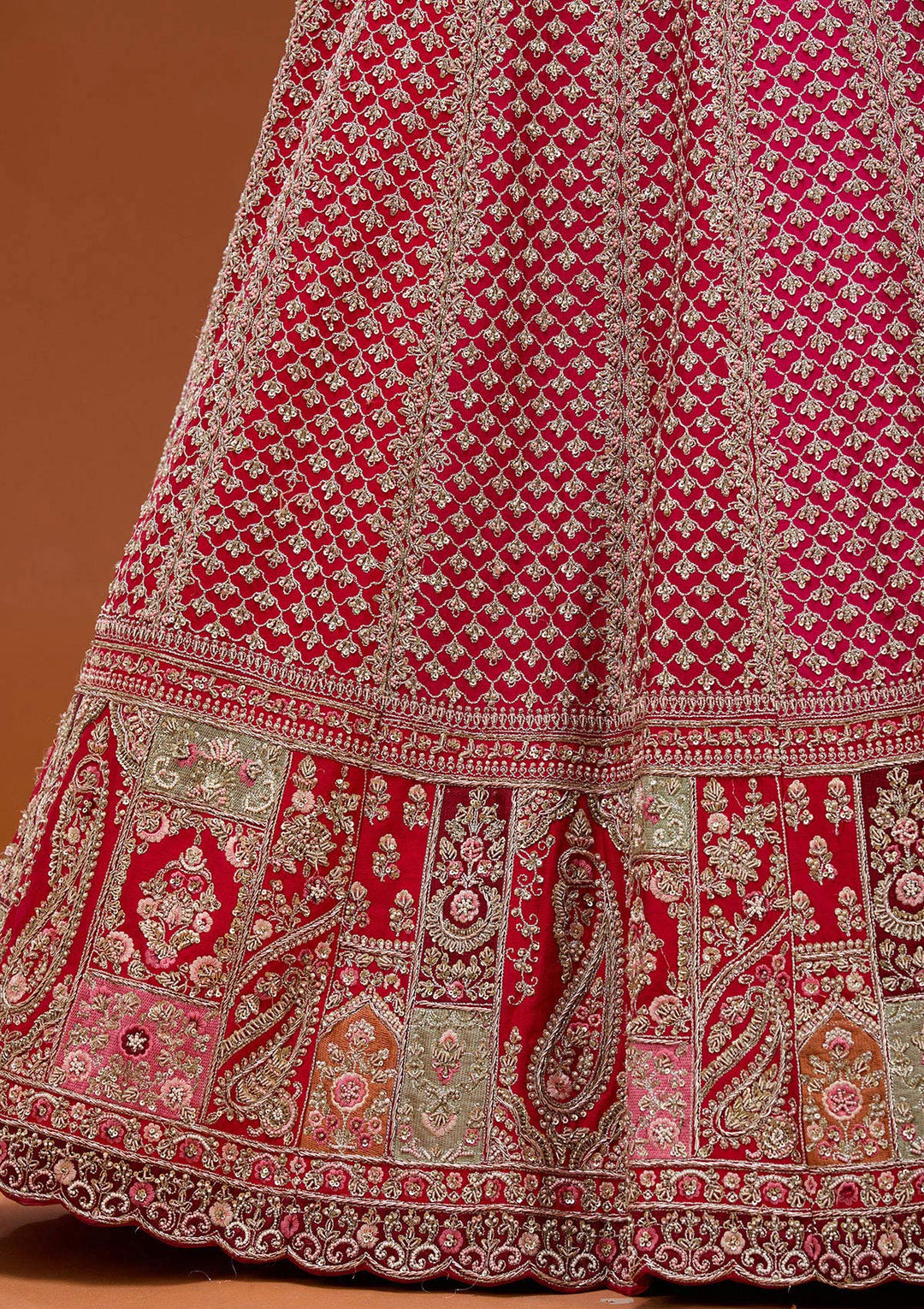 Red Zariwork Raw Silk Semi-Stitched Lehenga