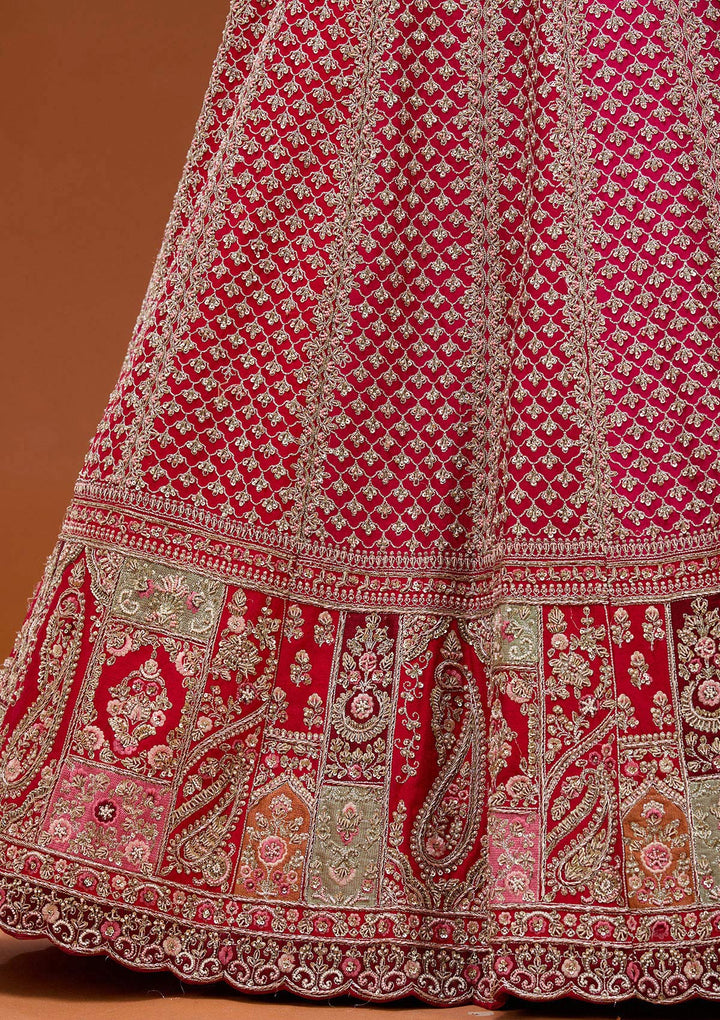 Red Zariwork Raw Silk Semi-Stitched Lehenga