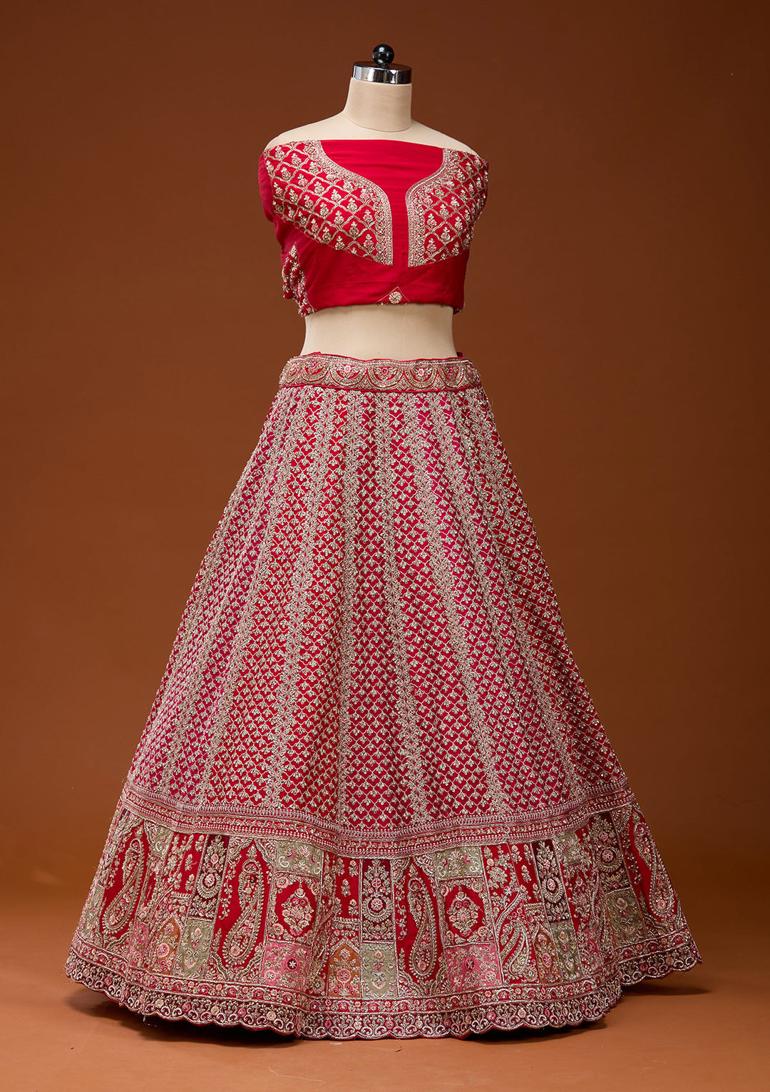 Red Zariwork Raw Silk Semi-Stitched Lehenga