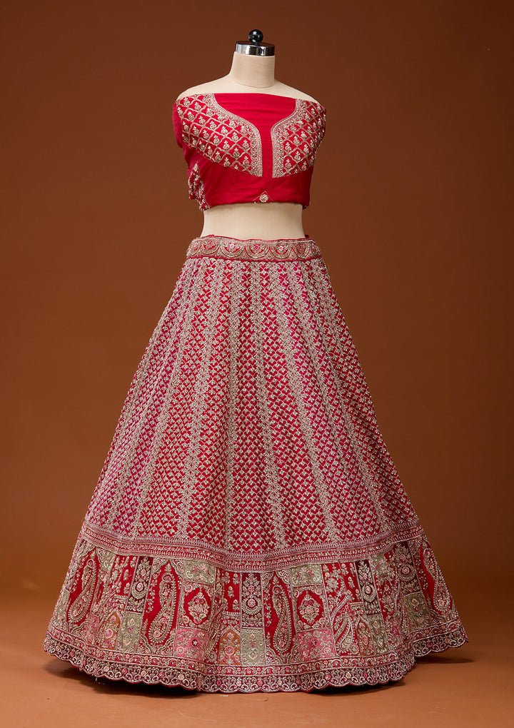 Red Zariwork Raw Silk Semi-Stitched Lehenga