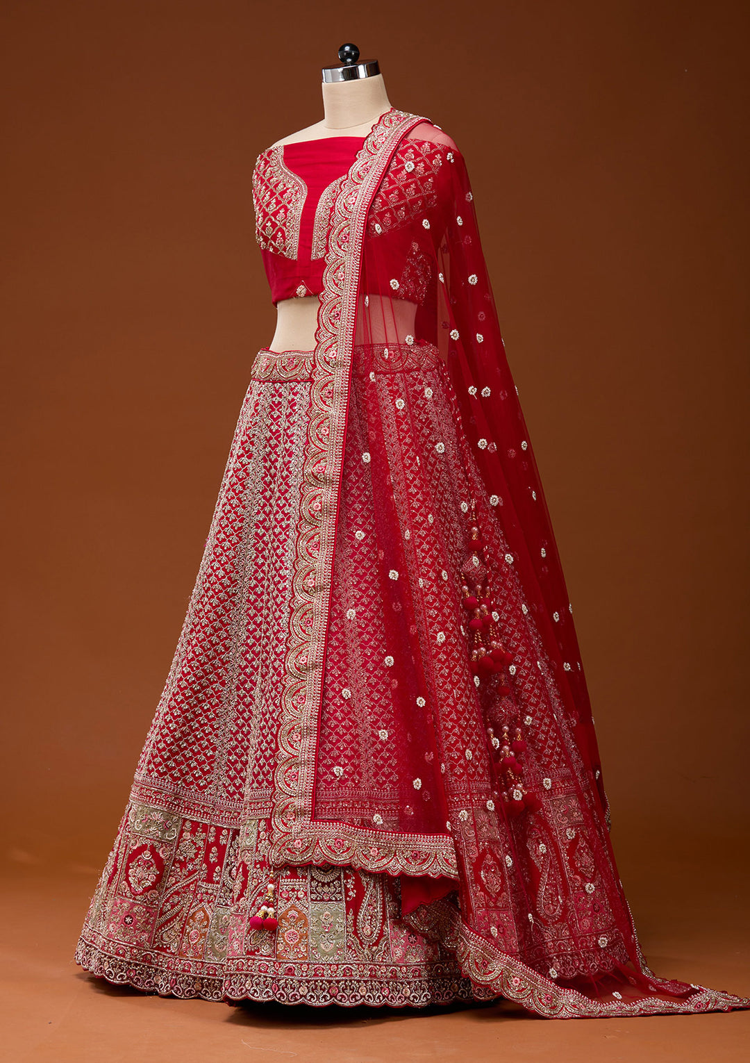 Red Zariwork Raw Silk Semi-Stitched Lehenga