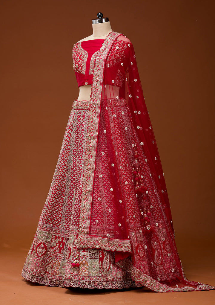 Red Zariwork Raw Silk Semi-Stitched Lehenga