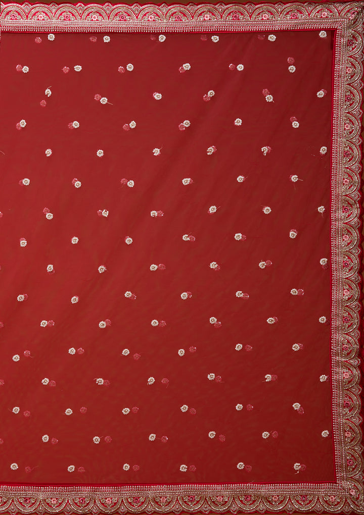 Red Zariwork Raw Silk Semi-Stitched Lehenga
