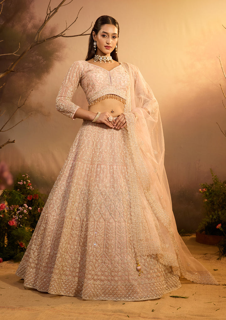 Baby Pink Silver Stonework Net Readymade Lehenga