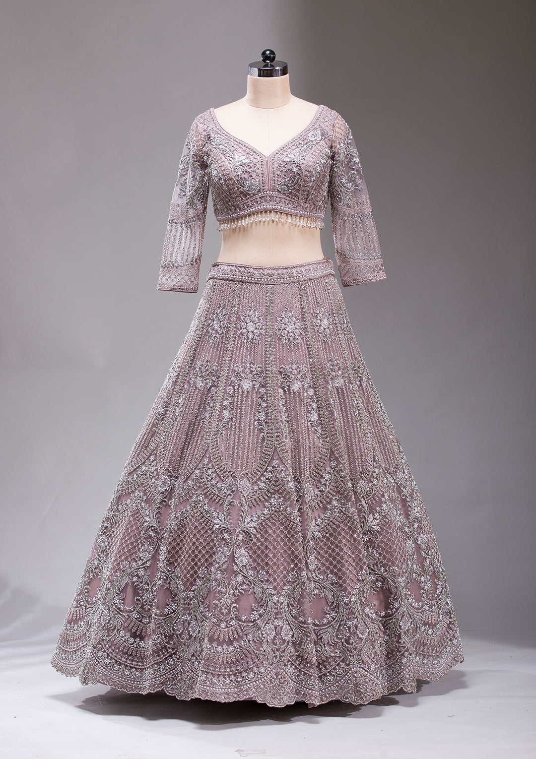 Mauve Silver Stonework Net Readymade Lehenga