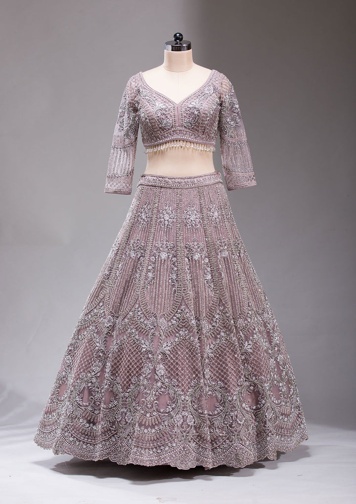 Mauve Silver Stonework Net Readymade Lehenga