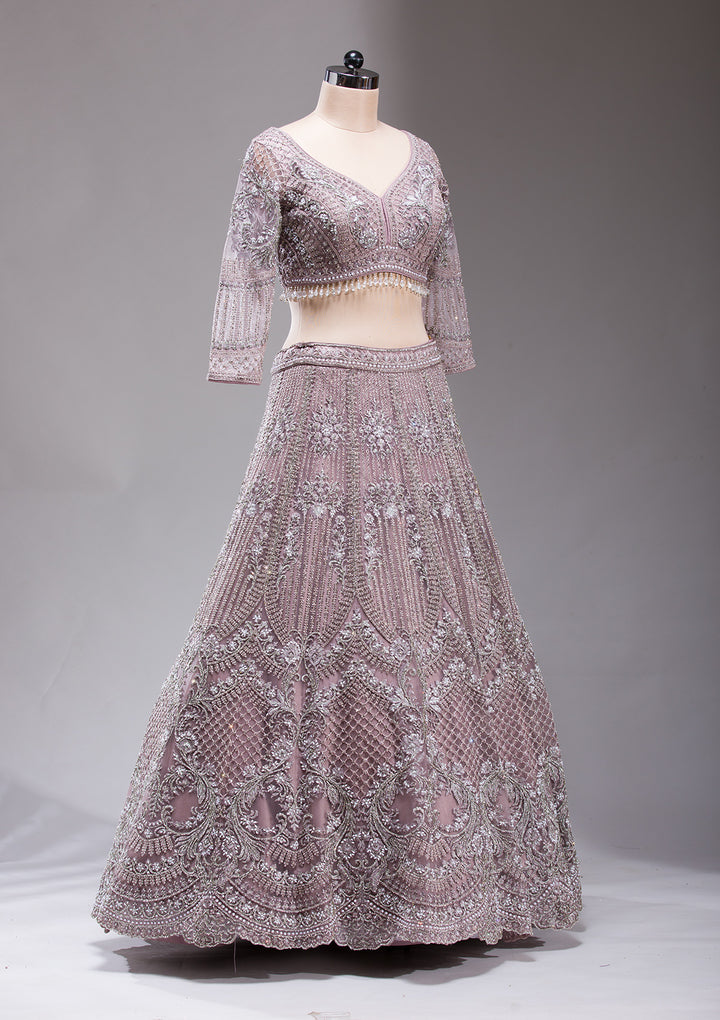 Mauve Silver Stonework Net Readymade Lehenga
