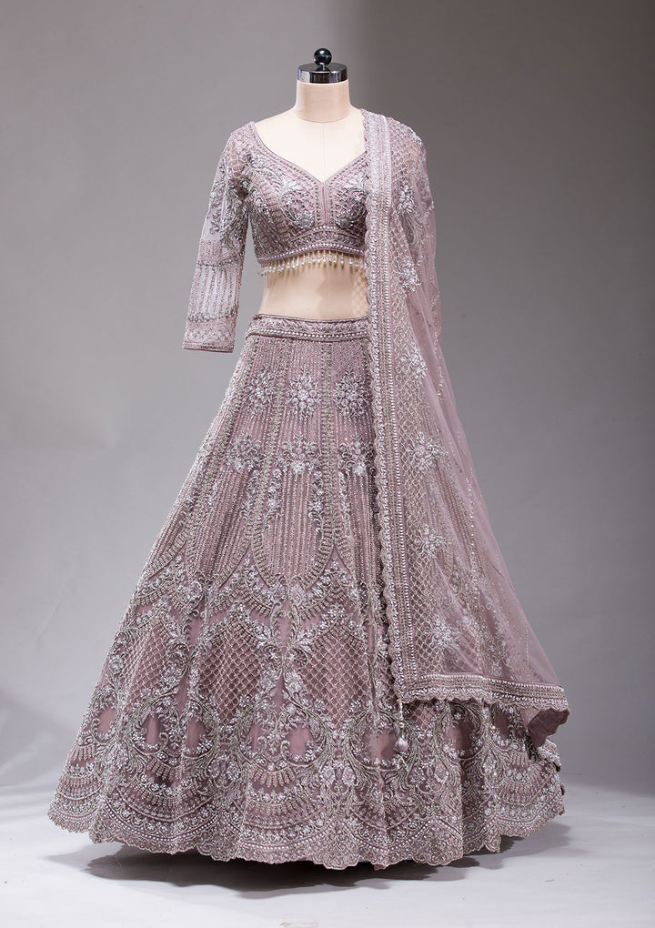 Mauve Silver Stonework Net Readymade Lehenga