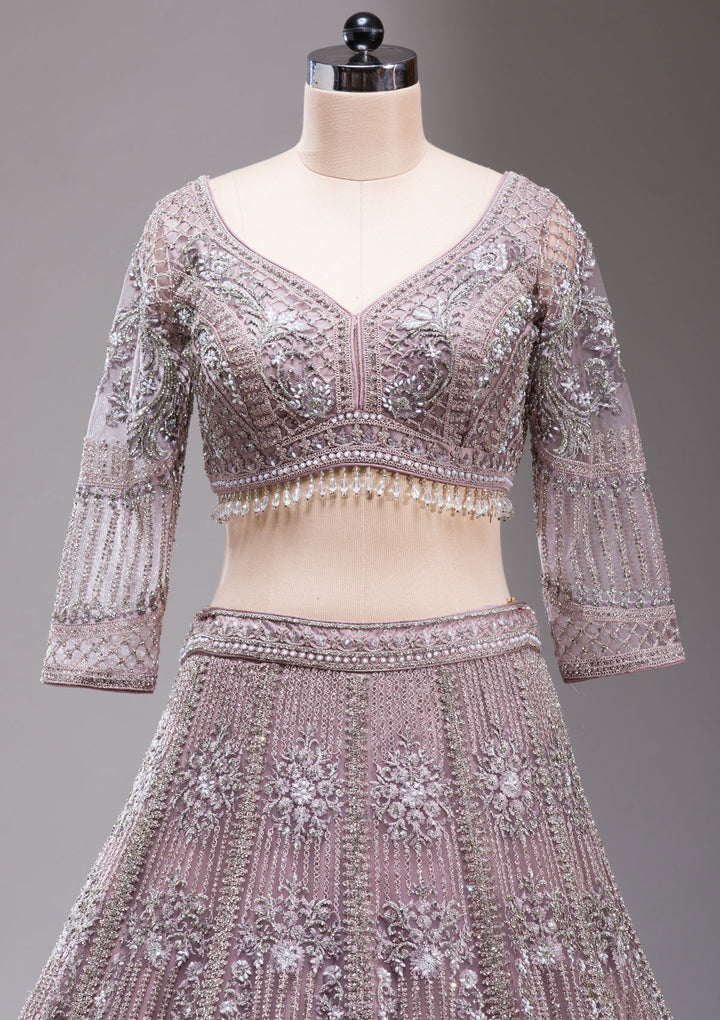 Mauve Silver Stonework Net Readymade Lehenga